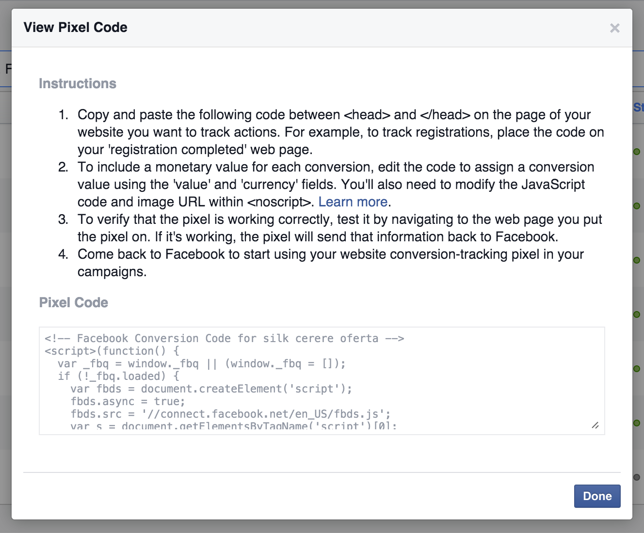 facebook pixel code