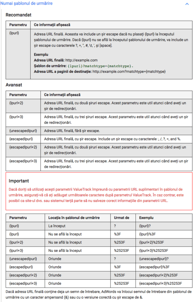 parametrii valuetrack