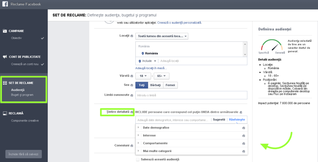 setare audienta facebook